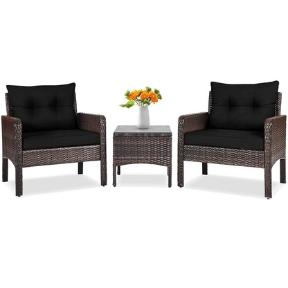 3 Piece Outdoor Patio Furniture Set, Wicker Chairs Set with Glass Top Coffee Table, Thick Cushions, All Weather, Customized