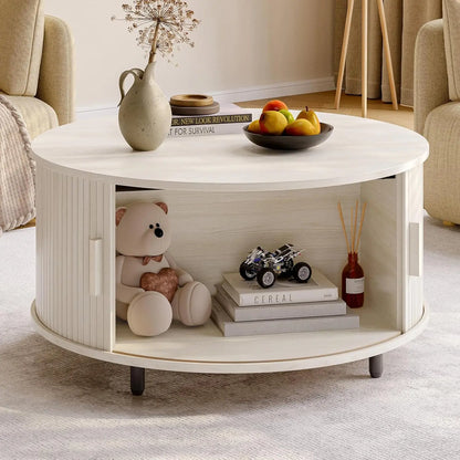 ONBRILL Modern Round Coffee Table With Storage And Sliding Door