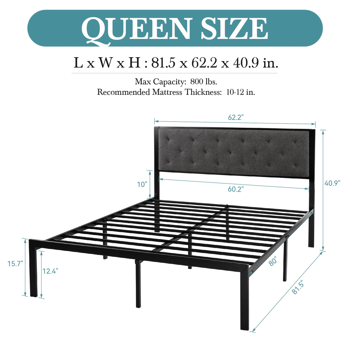 HOOMIC Metal Bed Frame Upholstered Headboard No Box Spring Needed