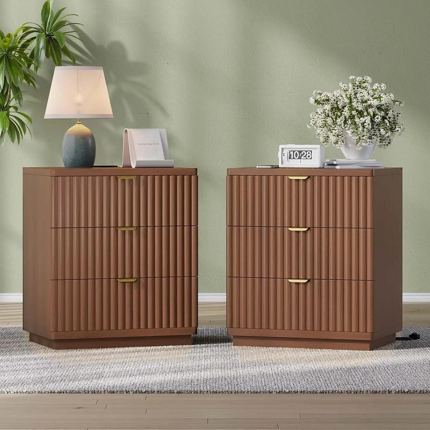 3 Drawer Charging Bedside Table Large Fluted Modern Bedroom End Table Set Of 2, Customized