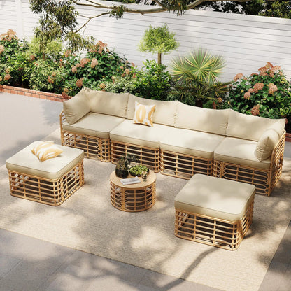 7 Pieces Outdoor Patio Furniture, All-Weather Rattan Sectional Sofa Set with Thick Cushions and Pillows, Freely Combined Conversation Sets for Garden, Backyard, Balcony, Brown