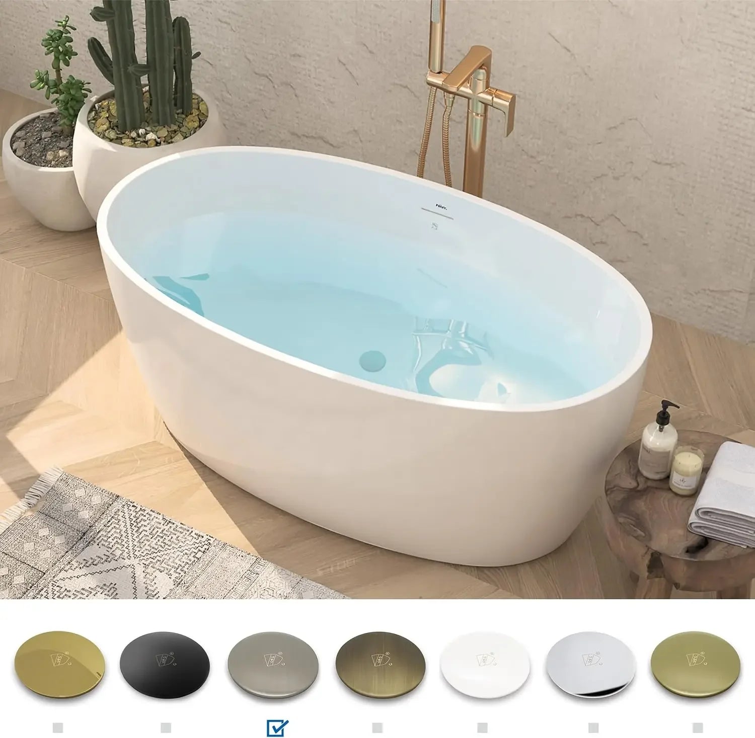 Tahiti 55" Acrylic Freestanding Bathtub, Elegant Oval Shape Soaking Bathtub, Glossy White, Brushed Nickel Drain &amp; Integrated Slo