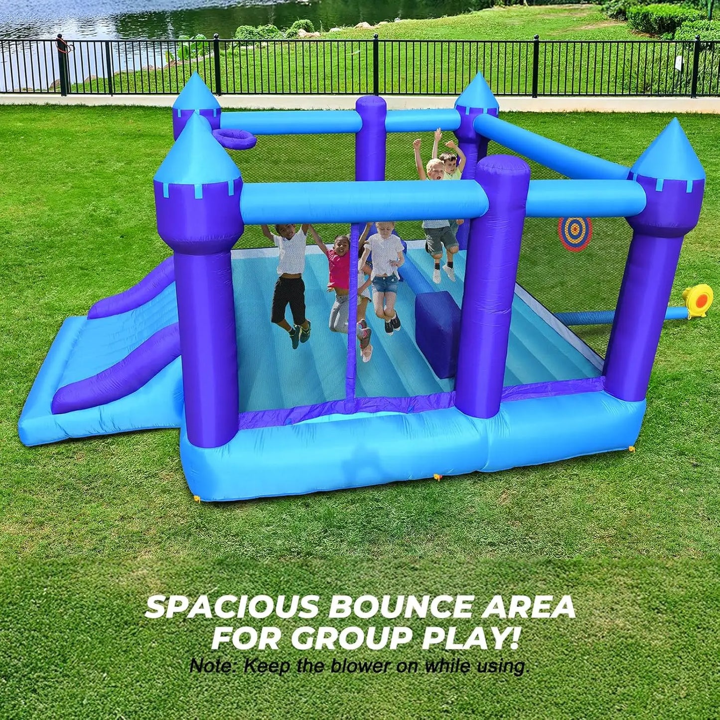 Inflatable Bounce House for Big Kids, 15' x 12' Large Outdoor Bouncy Castle with Blower, Wider Slide & Basketball Hoop