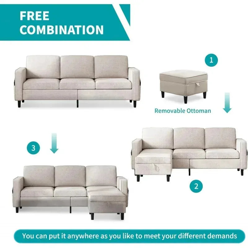 RPD4-Bus 78"W 3 piece living room couch set.3 seater sofa storage ottoman and loveseat furniture sets. modern L shaped section