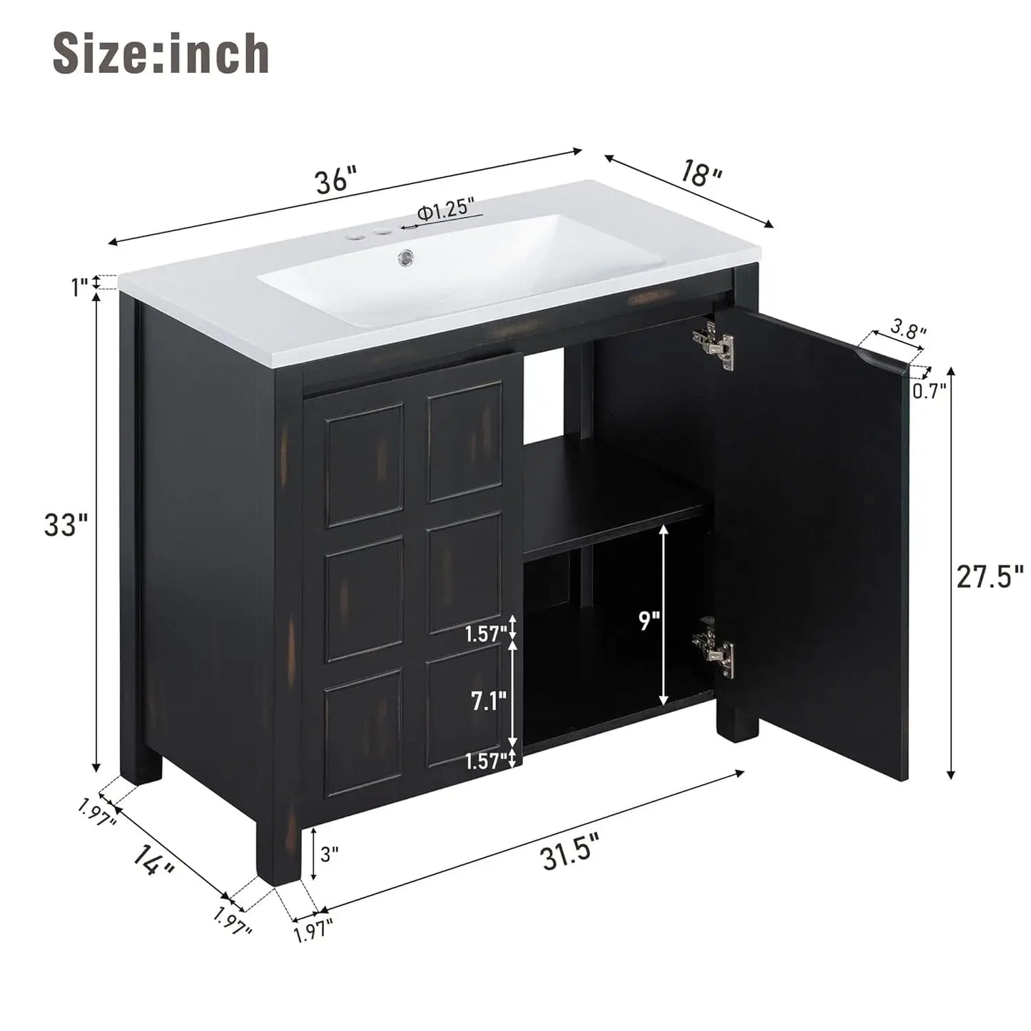 36in Free Standing Bathroom Vanity with Sink Wooden Cabinet Adjustable Shelf Ceramic Basin for Home, Customized