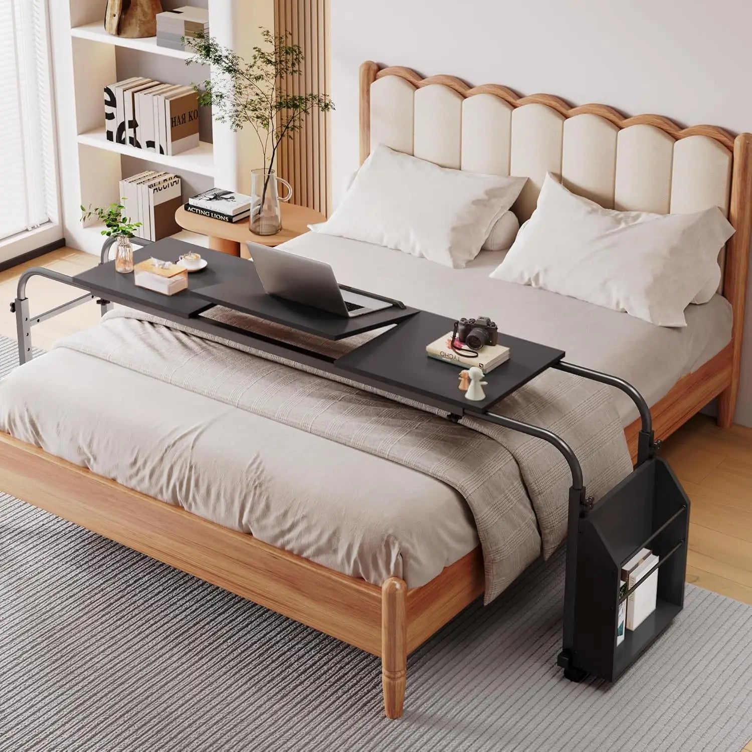 Overbed Table with Wheels,60.6-84.2″ Mobile Bed Desk,Rolling Computer Desk, Laptop Cart,W/0-65°Tilt Stand,4 Heights,6 Lengths