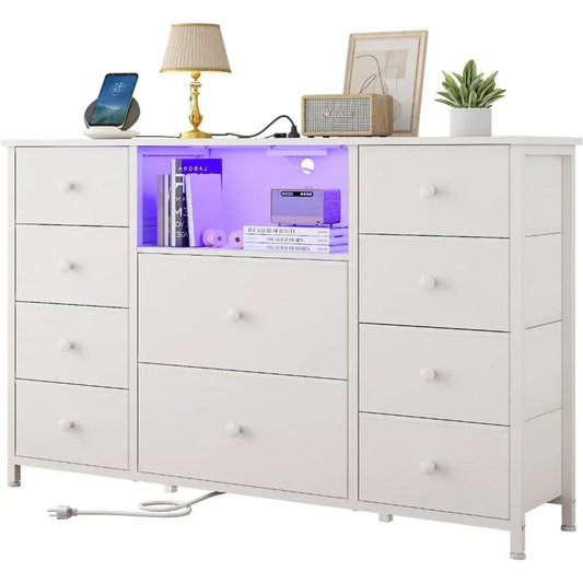 LDTTCUK Dresser with Charging Station and LED Lights, Long Dresser for Bedroom Dresser TV Stand with 10 Drawers, Fabric Chest of