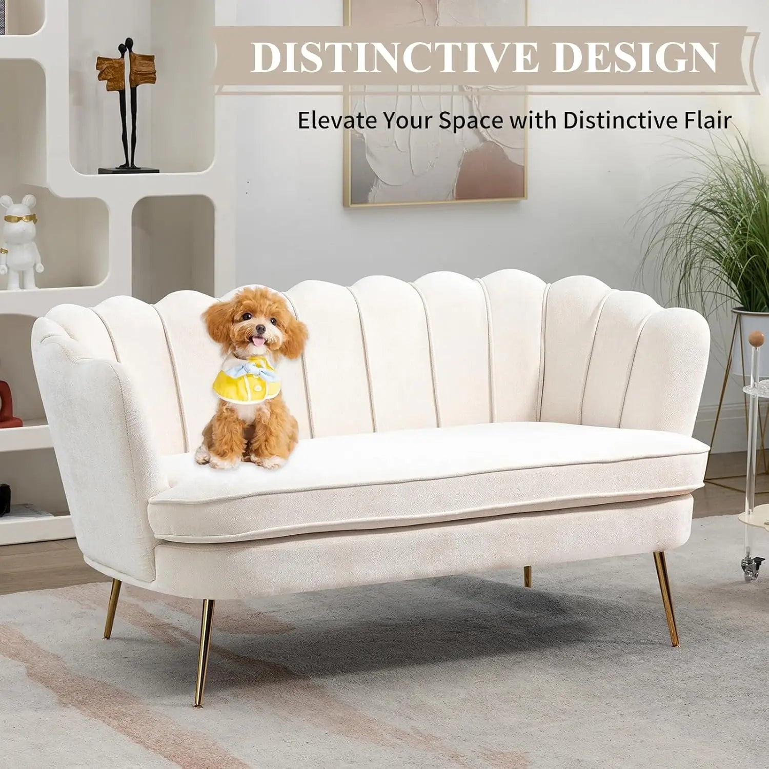 59" Chenille Upholstered Loveseat with Gold Metal Legs Petal Design Modern Mini Sofa for Bedroom Apartment, Customized