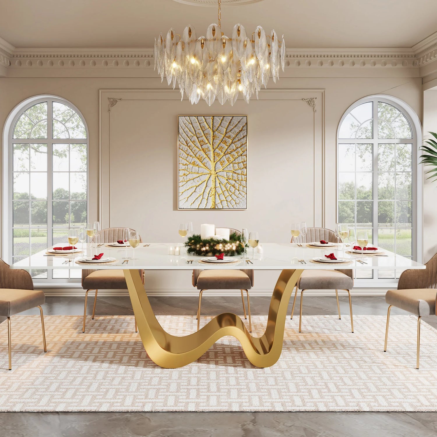 Tribesigns 78.74" Sintered Stone Dining Table for 6-8, Modern Rectangle Dining Table, Luxury White &amp; Gold Kitchen Table