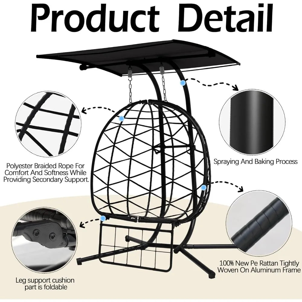 Double Egg Chair Outdoor With Stand & Adjustable Canopy, Extra Large 2 Person Patio Egg Chair With Leg Rests, Hanging Swing Chai
