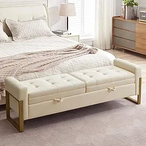 67" Storage Bench for Bedroom End of Bed, Velvet King Size Bed Bench with Double Lids and Gold Legs, Storage Ottoman Bench with