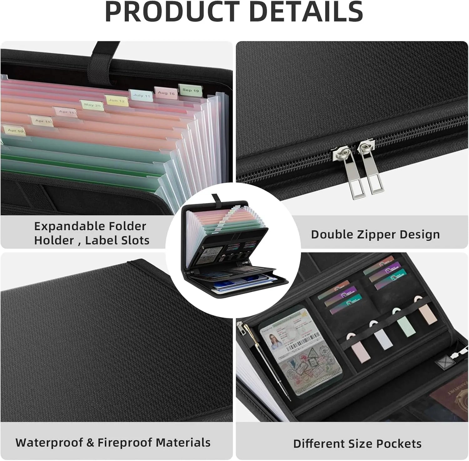 Fireproof Waterproof Expanding File Organizer with 13 Pockets, Zipper &amp; Labels for Document Storage
