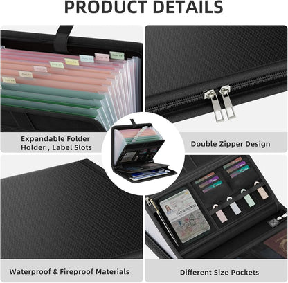 Fireproof Waterproof Expanding File Organizer with 13 Pockets, Zipper &amp; Labels for Document Storage