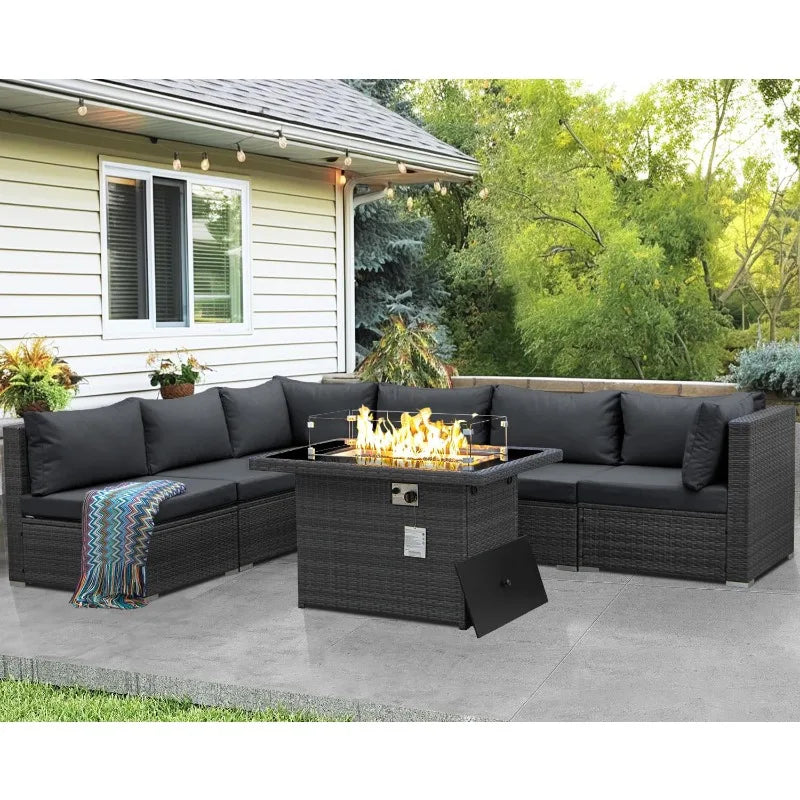 Extra Large Rattan Patio Furniture Set with Gas/Propane Fire Pit Table, 29.3'' High Back Comfy Outdoor Sofa Conversatio