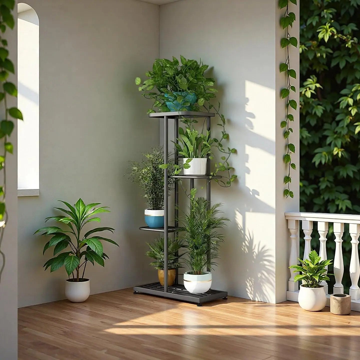 4-Tier Metal Plant Stand for Indoor Outdoor Use, Corner Shelf for Garden Balcony Living Room Patio