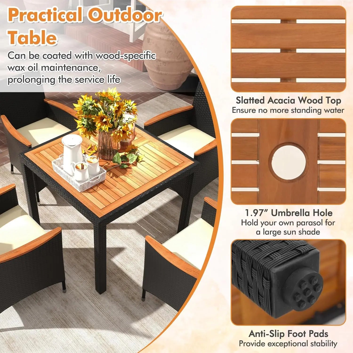 5 Pieces Rattan Outdoor Dining Set for 4,Outdoor Acacia Wood Table Set with 4Cushioned Wicker Chairs,Patio Dining Furniture Sets