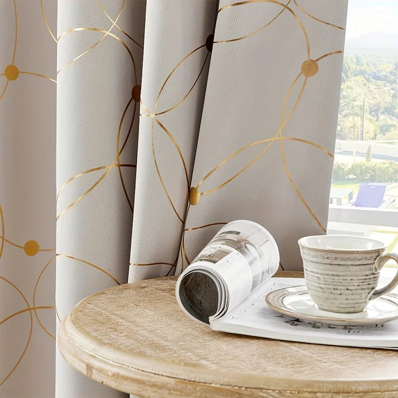 2Pcs Golden Wave &amp;Circle Blackout Curtains Thermal Insulated Light Filtering Drapes with Grommet Top  Living Room Bedroom