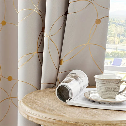 2Pcs Golden Wave &amp;Circle Blackout Curtains Thermal Insulated Light Filtering Drapes with Grommet Top  Living Room Bedroom