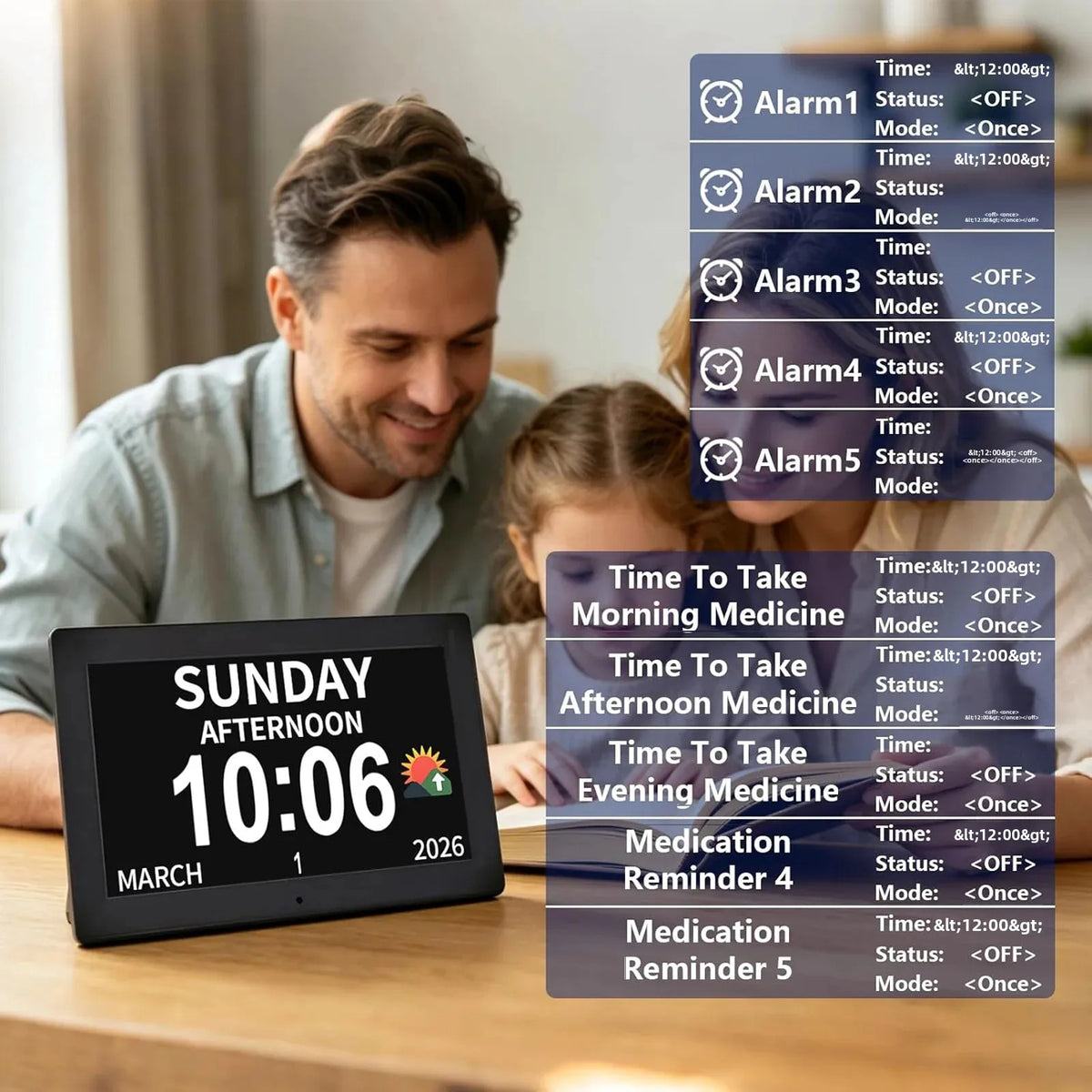 10.1 Inch Digital Alarm Clock with Date and Day of Week for Dementia Seniors, Clear Large Screen, Multiple Alarm Sets, Auto DST, Designed Specifically for Elderly