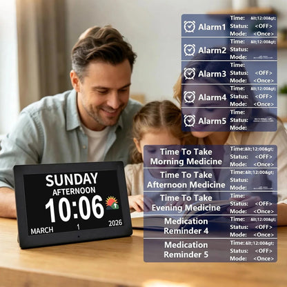 10.1 Inch Digital Alarm Clock with Date and Day of Week for Dementia Seniors, Clear Large Screen, Multiple Alarm Sets, Auto DST, Designed Specifically for Elderly