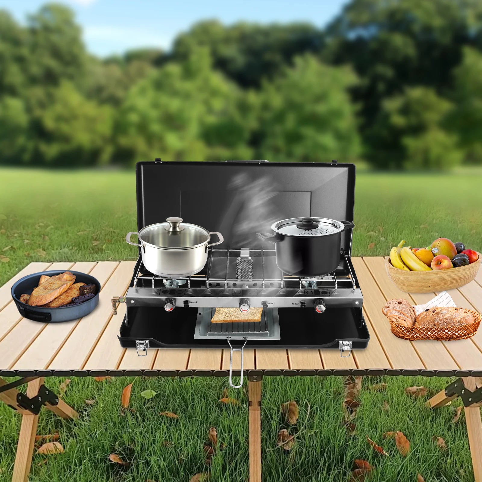 [Outdoor Campfire Grill] 3-Burner Durable Cold-Rolled Steel Grill - Windproof Lid for Camping &amp; Outdoor Cooking