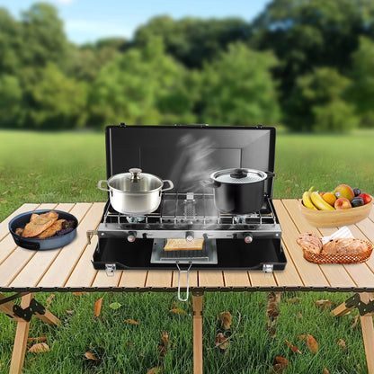 [Outdoor Campfire Grill] 3-Burner Durable Cold-Rolled Steel Grill - Windproof Lid for Camping &amp; Outdoor Cooking