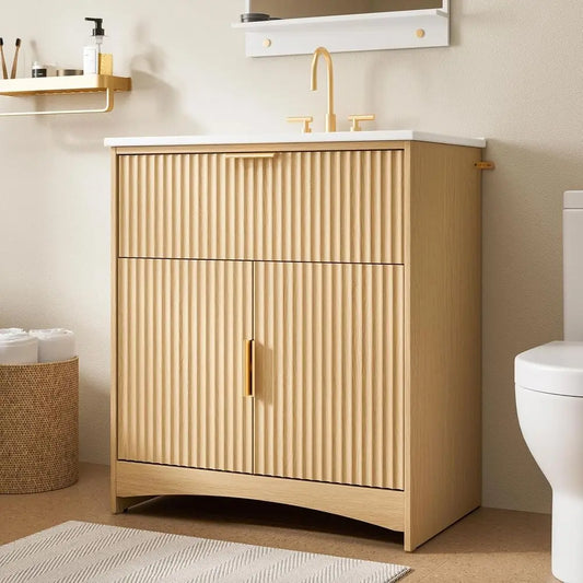 Amada 30'' Bathroom Vanity with Ceramic Sink, Modern Undermount Vanity Sink Cabinet with 2 Doors and 1 Drawer, Fluted Free Stand