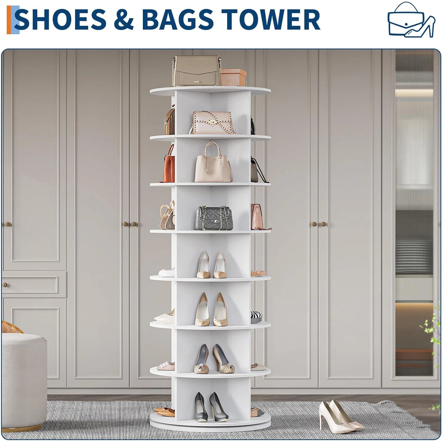 7 Tier Rotating Shoe Rack Tower, Free Standing Spinning Shoes Organizer, 360°Revolving Vertical Spinning Shoe Display