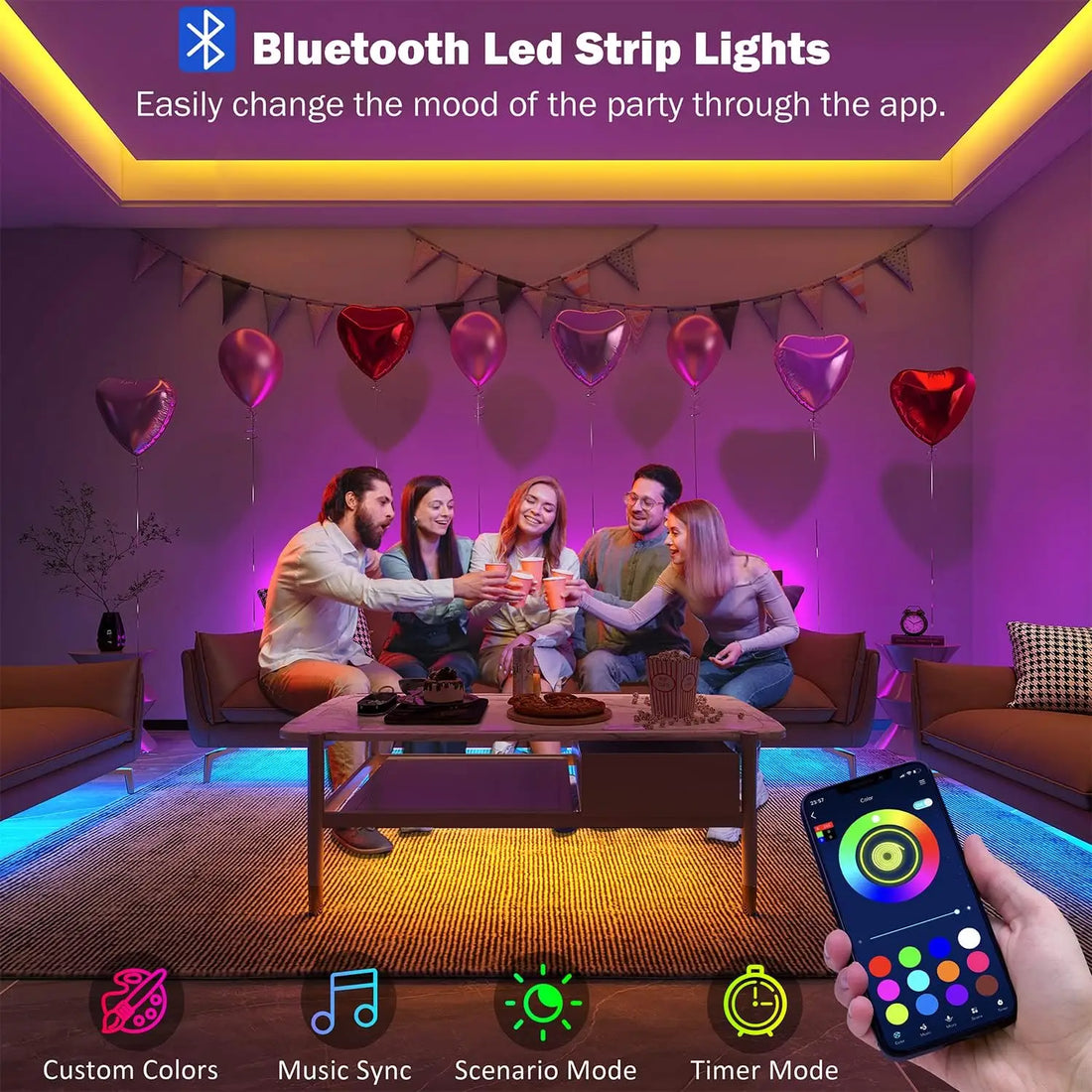 100 ft Music Sync RGB LED Strip Lights with Remote &amp; App Control, Color Changing for Bedroom Home Decor