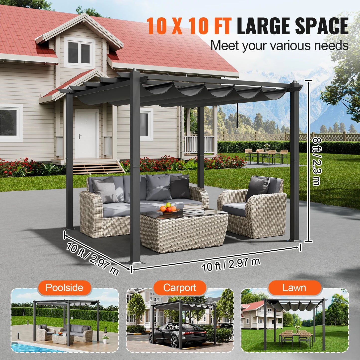 VEVOR Aluminum Outdoor Retractable Pergola With Canopy