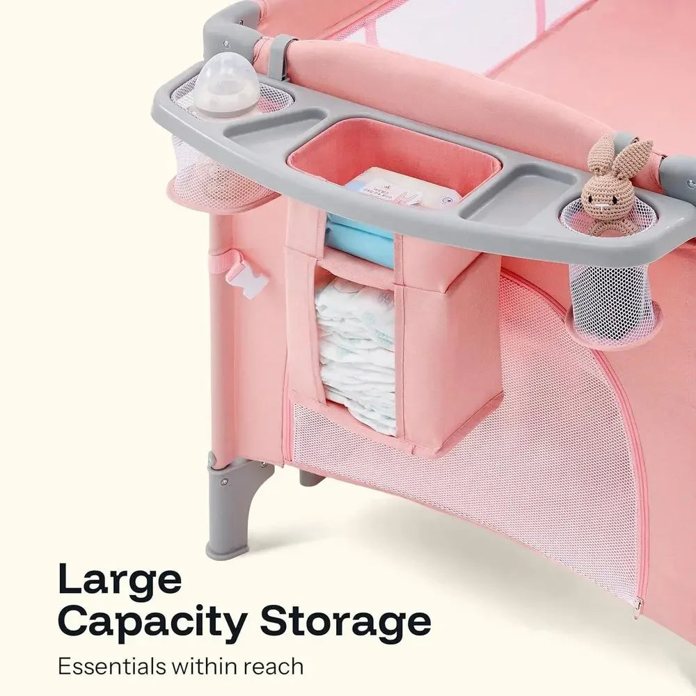 Portable 6-in-1 Baby Playard with Crib, Bassinet, Mattress, and Changing Table (Pink)Time-limited
