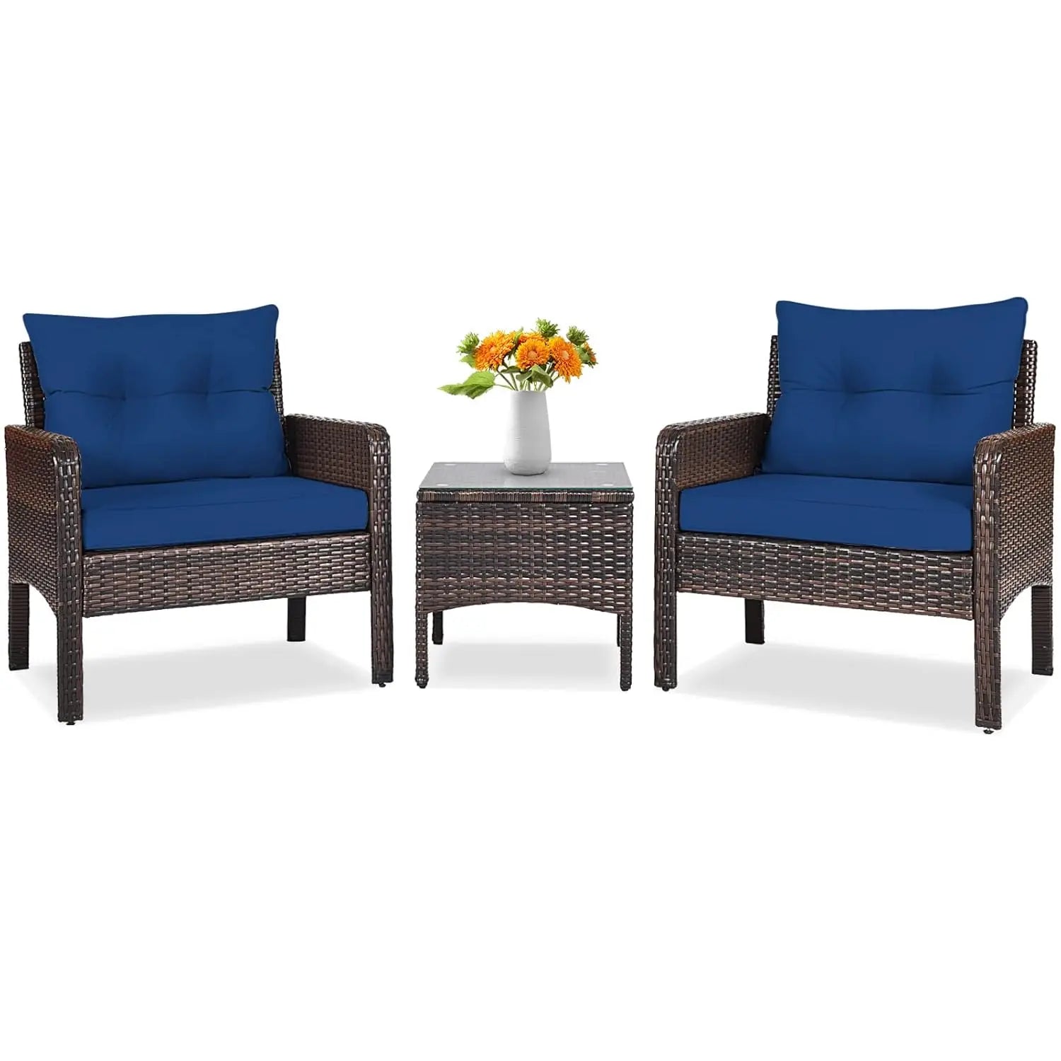 3 Piece Outdoor Patio Furniture Set, Wicker Chairs Set with Glass Top Coffee Table, Thick Cushions, All Weather, Customized