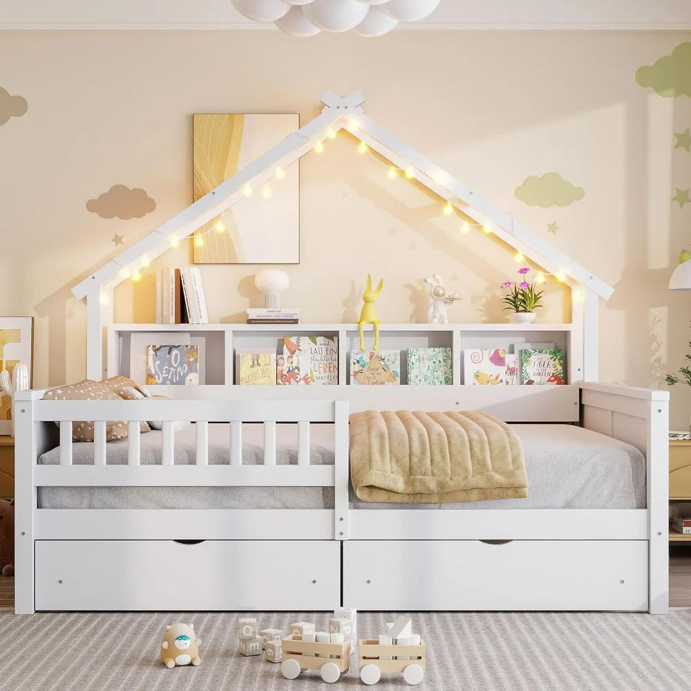 Full-Size House Platform Bed with LED Lights, Storage Shelves, Drawers, and Guardrail - Sturdy Pine Wood and MDF Frame
