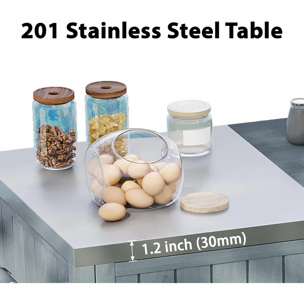 Outdoor Kitchen Island for Big Green Egg Grills, 66.5" Solid Wood Outdoor Grill Table with Stainless Steel Top, Rolling Kitchen