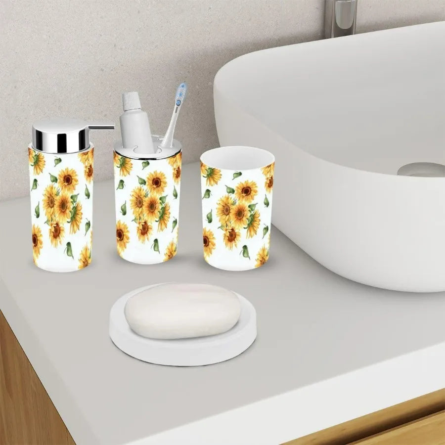 Bathroom Accessory Set 6 Piece Sunflower Yellow Summer Repeating Toothbrush Holder Toothbrush Cup Soap Dispenser Soap Dish Toil
