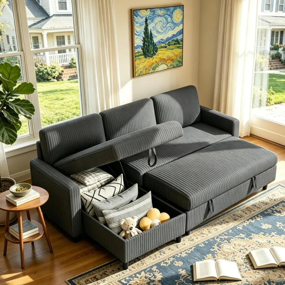 Vongrasig L Shaped Convertible Sofa Bed Pull Out Couch Storage Chaise Corduroy Dark Grey