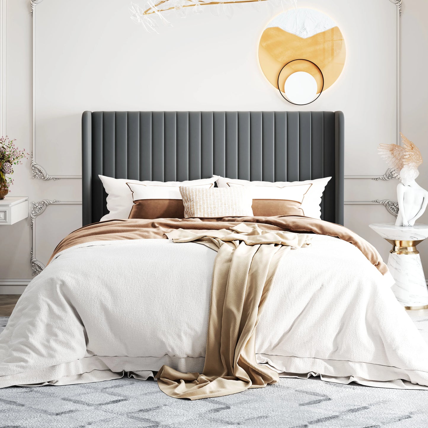 HOOMIC Velvet Upholstered Bed Frame With Wingback Headboard And Slats