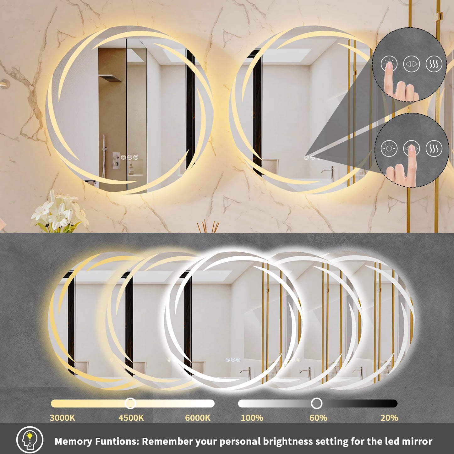 Anti-fog LED Bathroom Mirror Circle Backlit HD Wall Mounted Vanity Mirror Shatterproof 3 Colors Lights Adjust