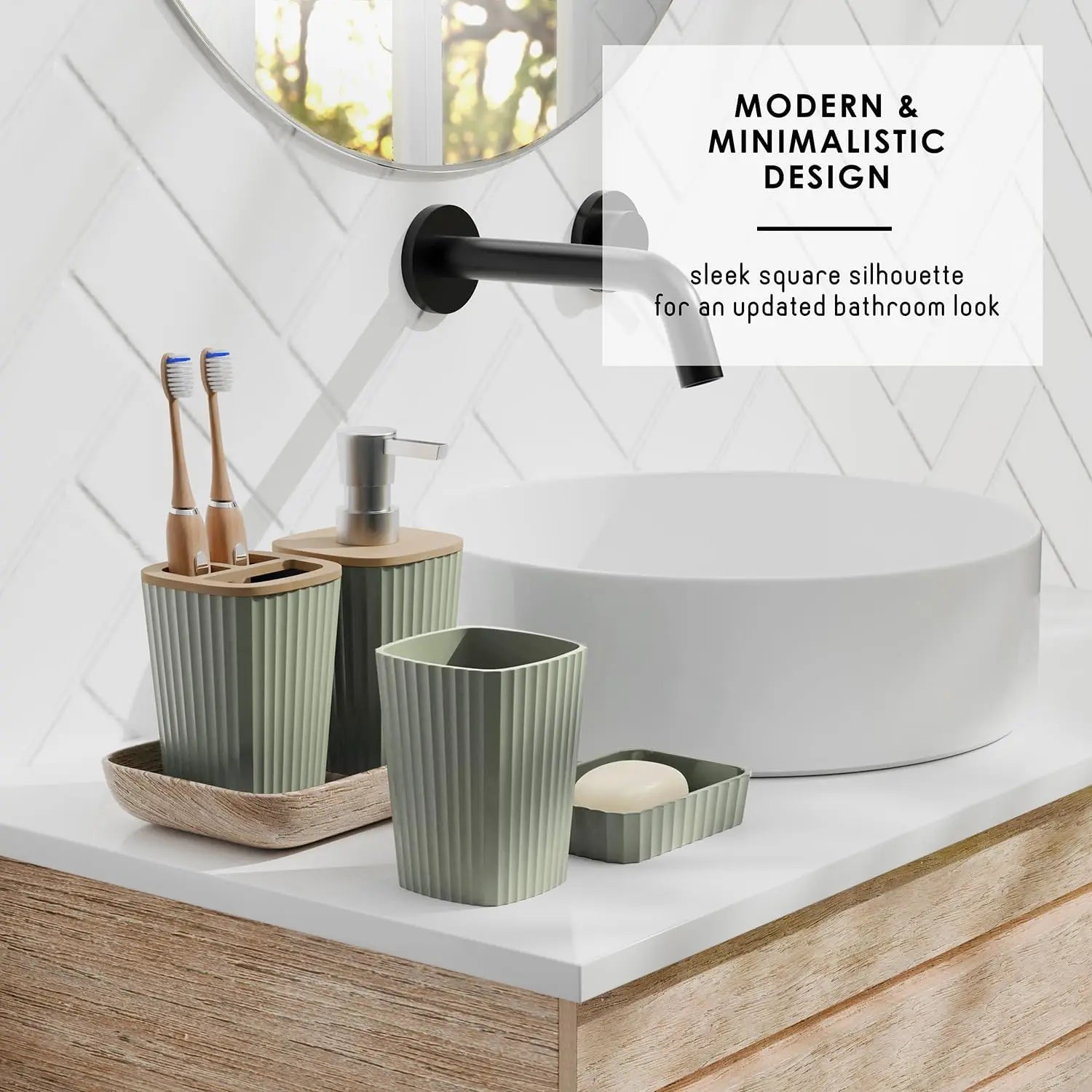 Sage Green Bathroom Accessory Set, 6PC with Toilet Brush, Trash Can &amp; Soap Dispenser for Modern Bathrooms