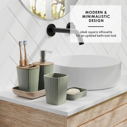 Sage Green Bathroom Accessory Set, 6PC with Toilet Brush, Trash Can &amp; Soap Dispenser for Modern Bathrooms