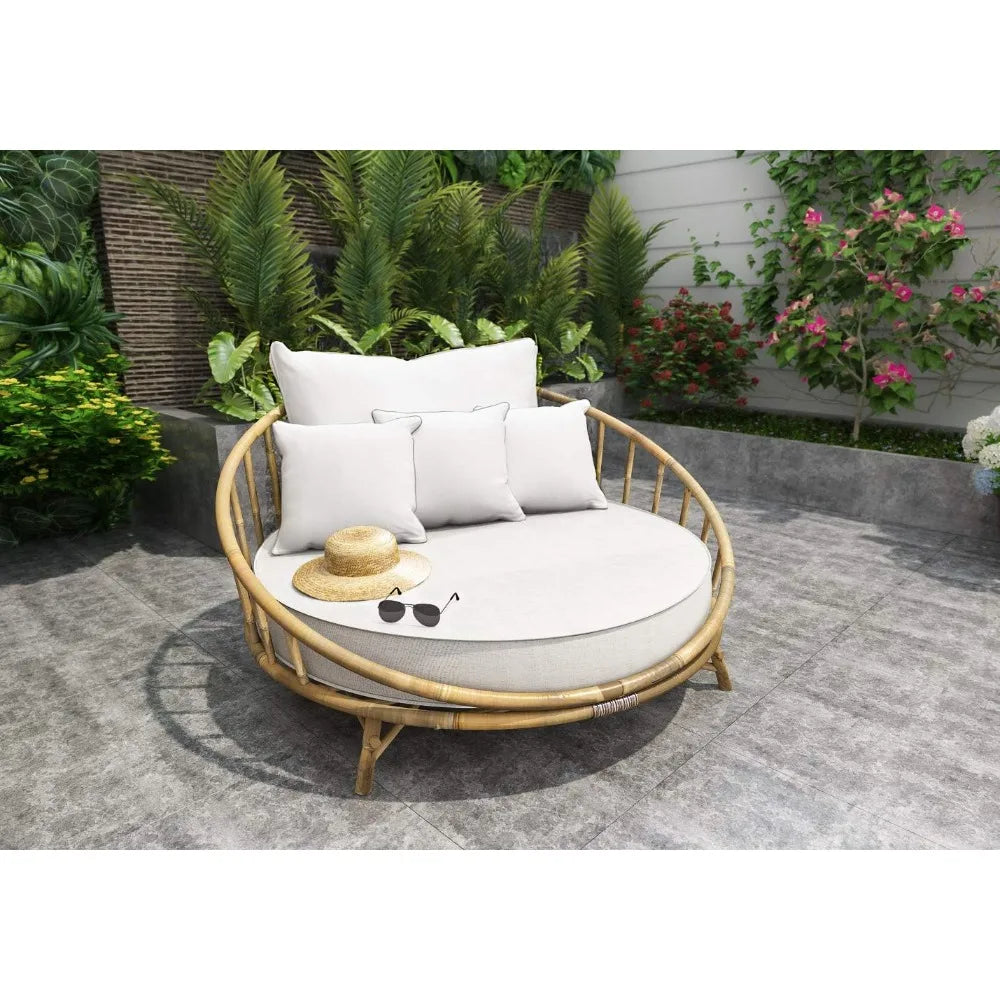 ZEW Rattan Bamboo Round Daybed Outdoor Sofa Chair with Cushion and Pillows for Backyard, Porch, Swimming Pool, Living Room