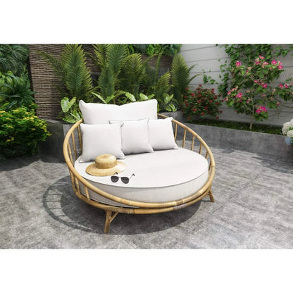 ZEW Rattan Bamboo Round Daybed Outdoor Sofa Chair with Cushion and Pillows for Backyard, Porch, Swimming Pool, Living Room