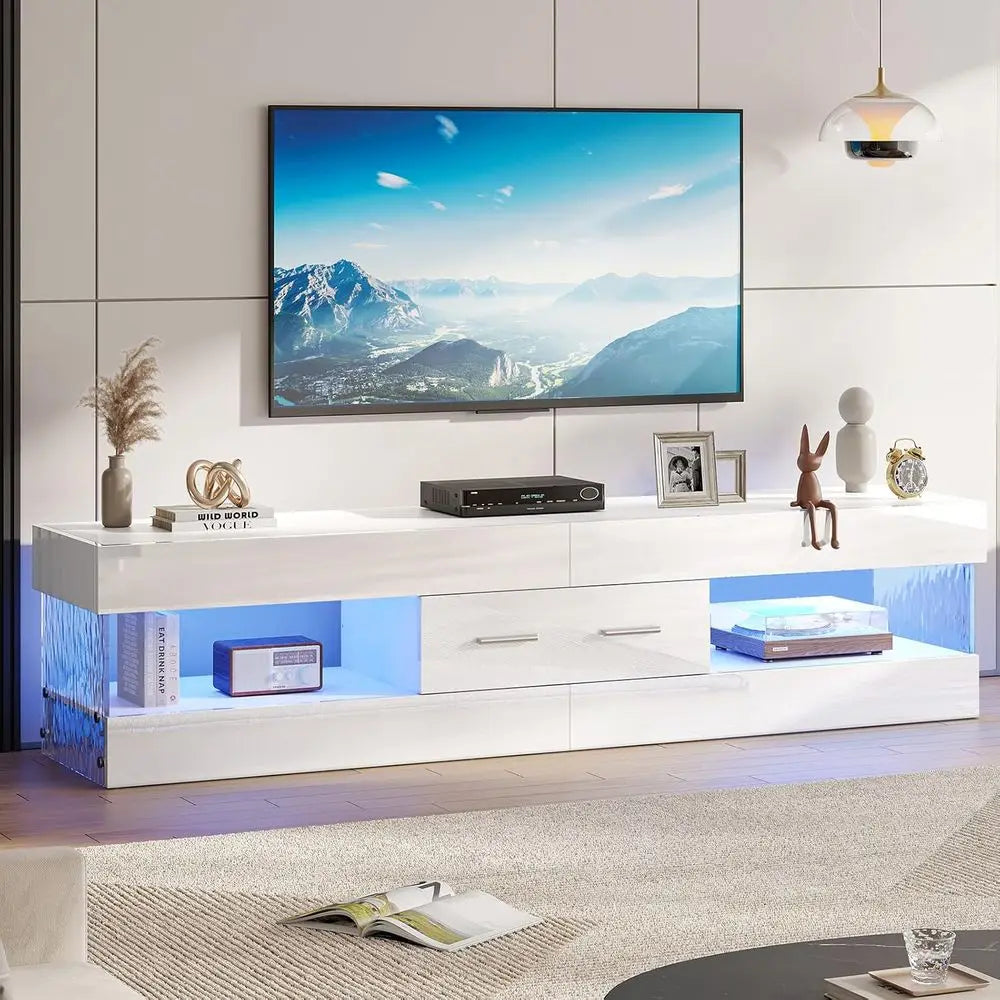 Modern High Gloss LED TV Stand With Stone Edge Storage