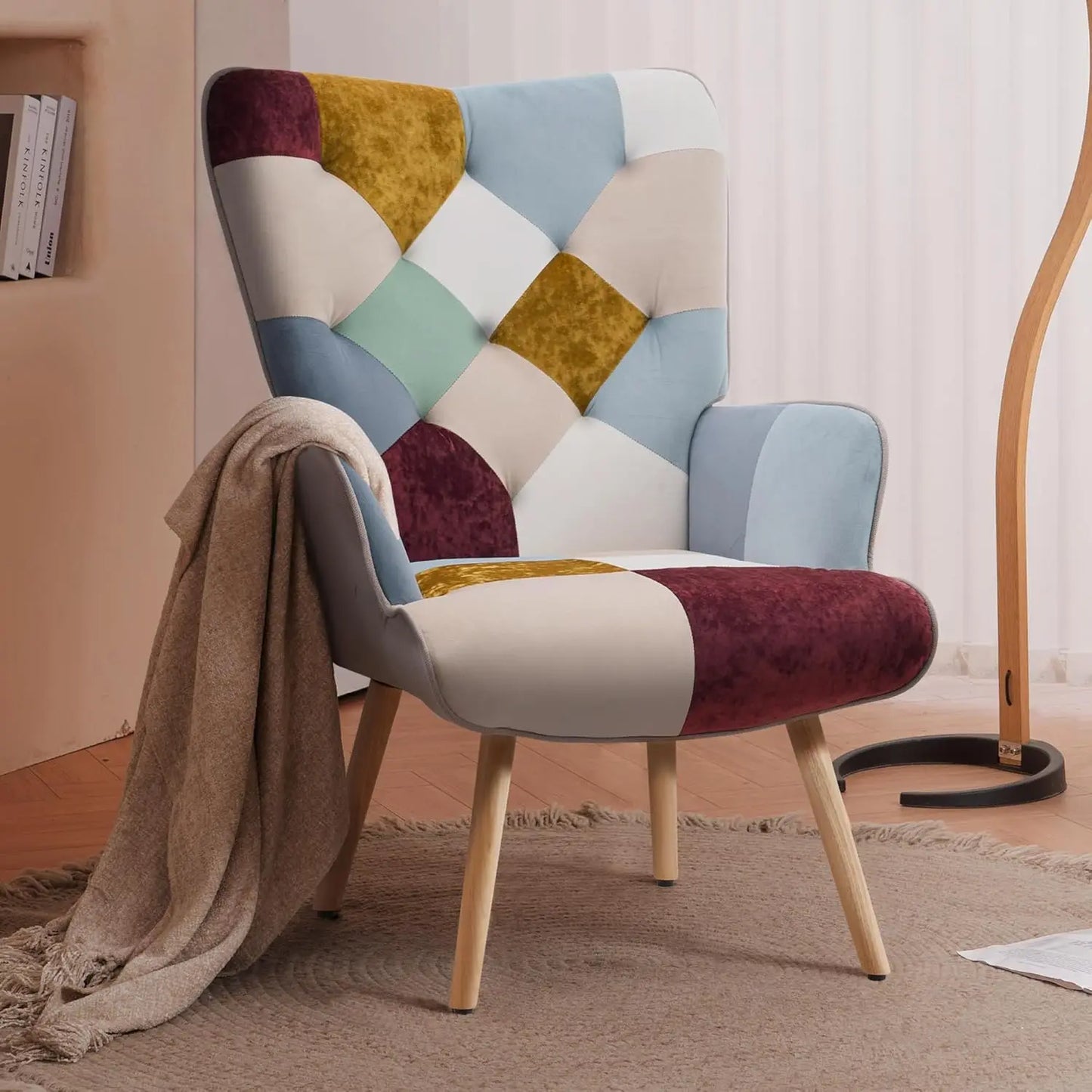 Living Room Accent Chair Modern High Back Arm Chair, Colorful Plaid Bohemian Style Chairs for Bedroom Waiting Room