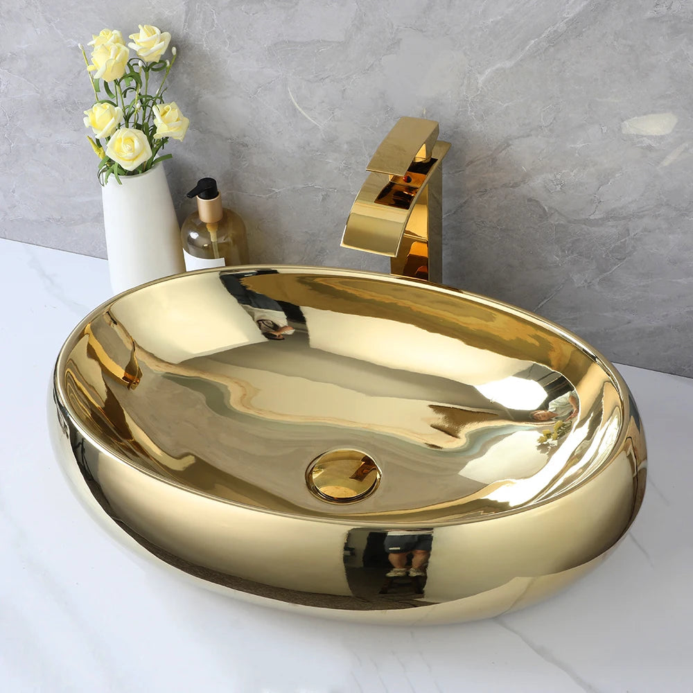 KEMAIDI 23 Inch Bathroom Vessel Sink Gold Ceramic Sink Bowl w/ Waterfall Faucet and Drain Combo Modern Vessel Sink Above Counter