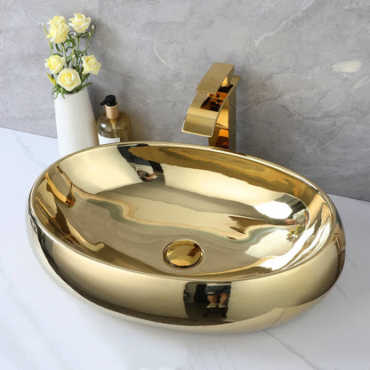 KEMAIDI 23 Inch Bathroom Vessel Sink Gold Ceramic Sink Bowl w/ Waterfall Faucet and Drain Combo Modern Vessel Sink Above Counter