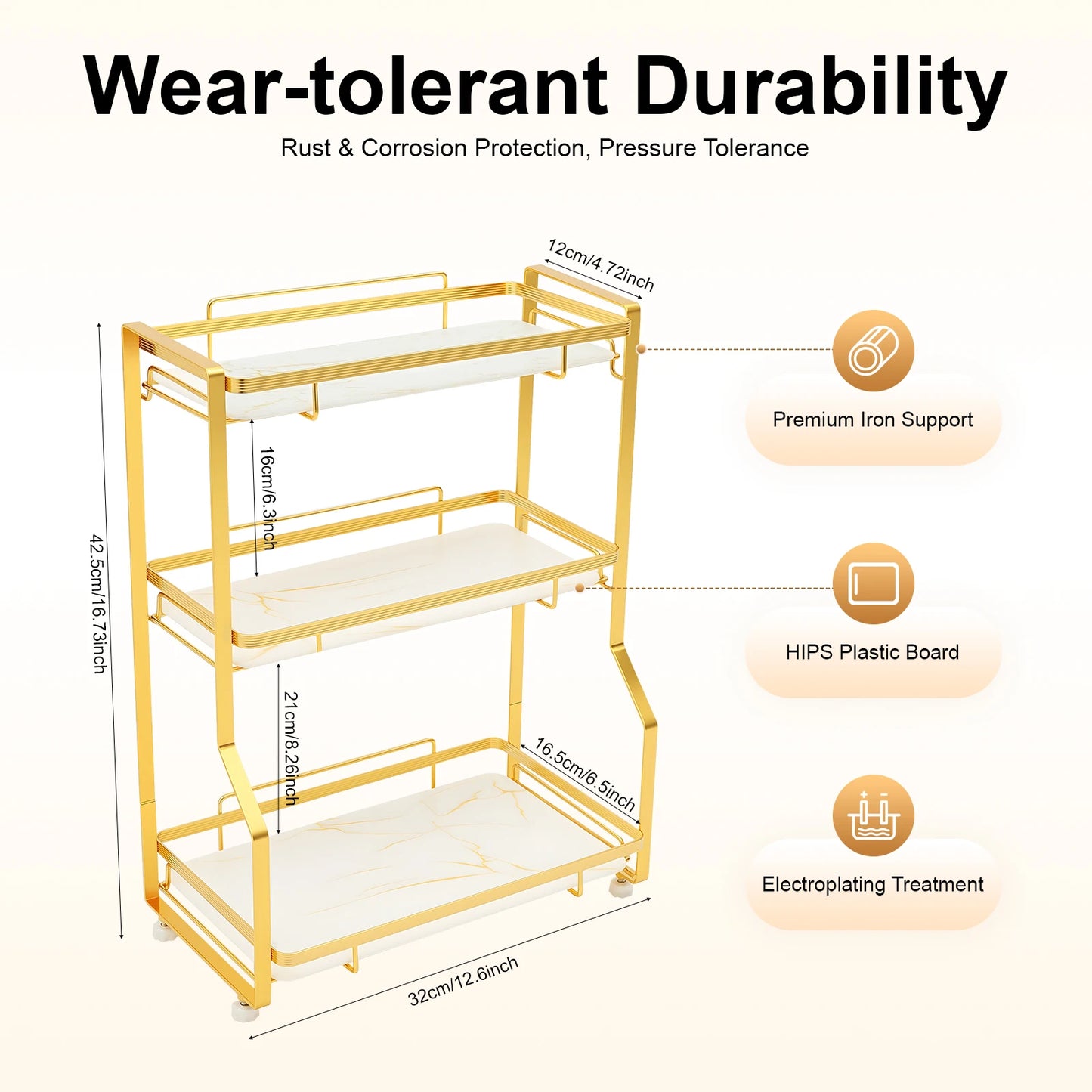 3-Tier Bathroom Countertop Organizer 22.05LBS/ Tier Gold Storage Shelf for Toiletries Cosmetics