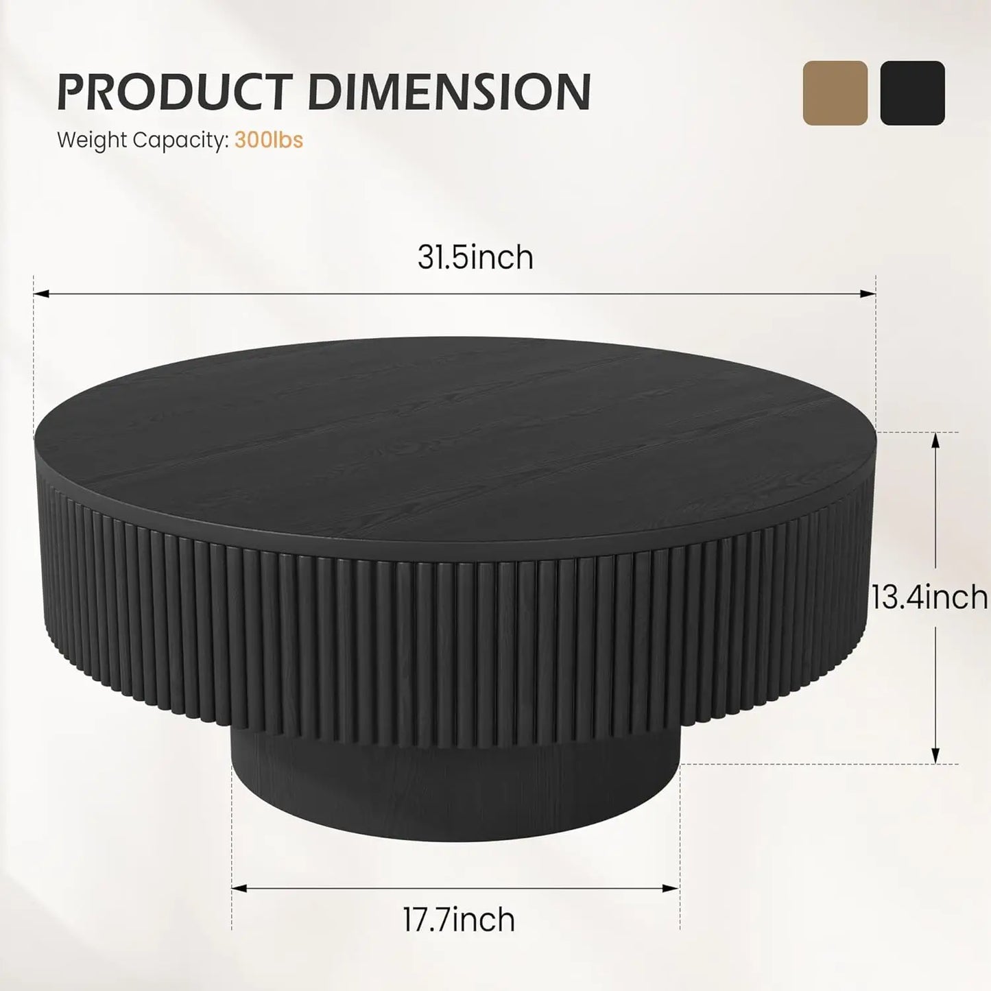 31.5” Round Fluted Coffee Table, Modern Wood Circle Coffee Table, Veneer Handcrafted Relief Tea Table with Sturdy Pedestal for L