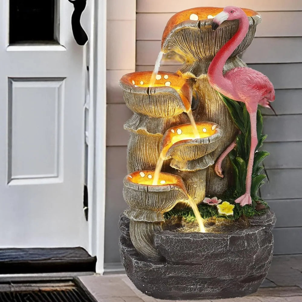 5 Tier Outdoor Indoor Water Feature Fountain, Flamingo Ornamental Cascading Waterfall with 5 LED Lights for Garden, Deck, Backya