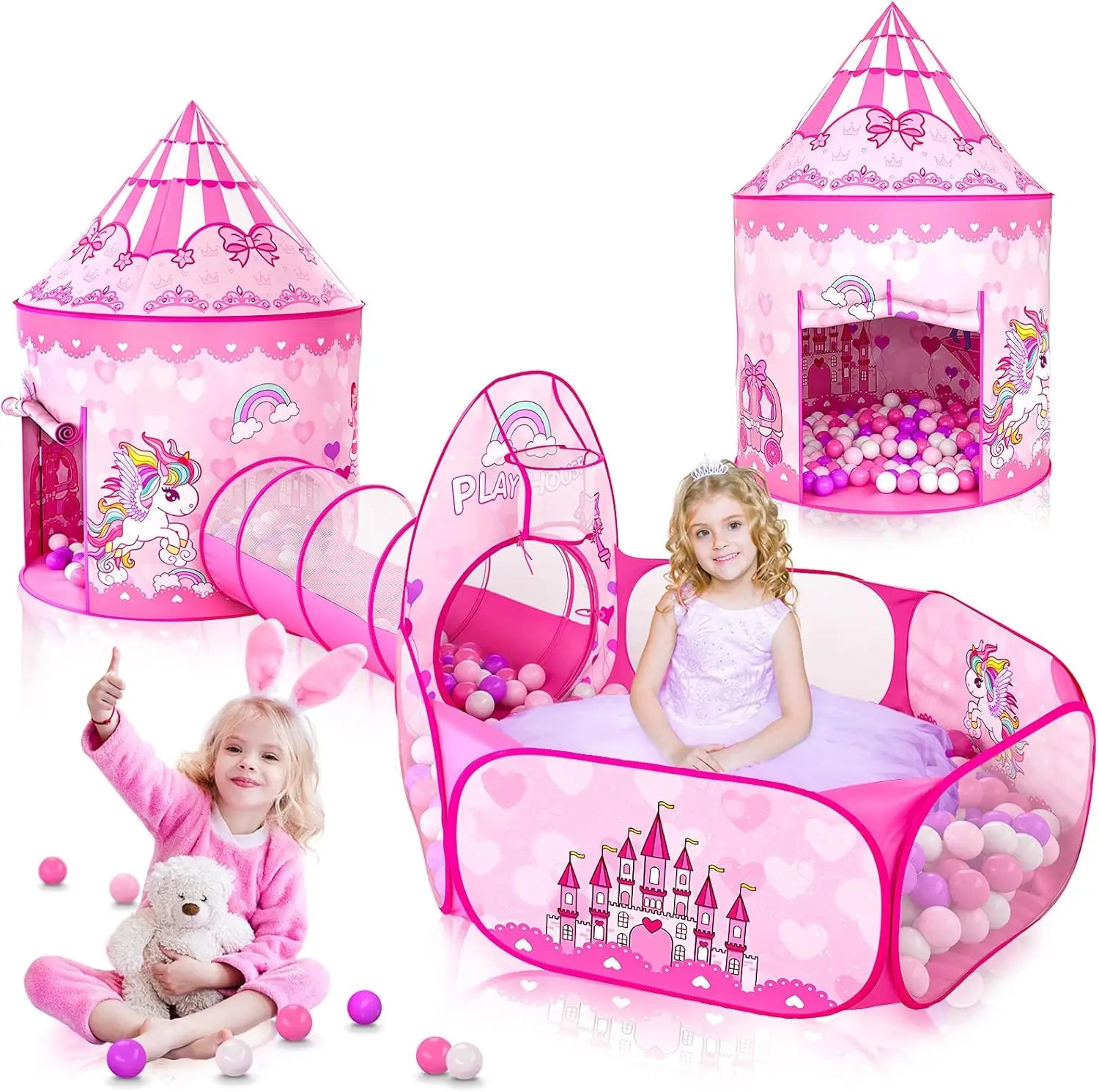Pink Princess Play Tent Set with Ball Pit and Tunnel for Girls Indoor Outdoor Birthday Gift